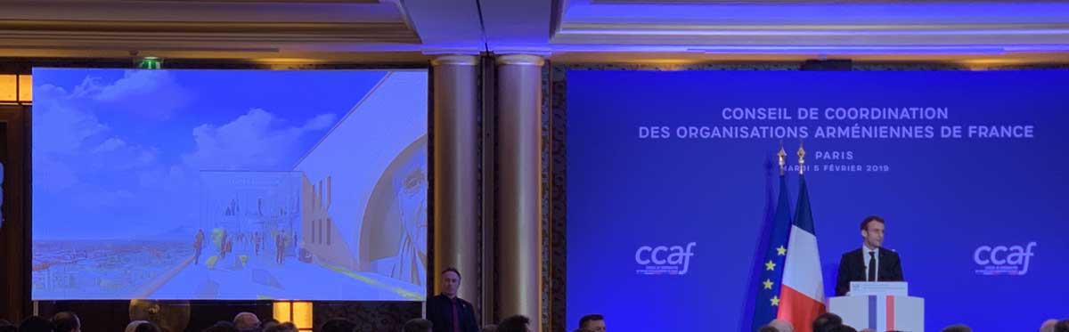 Le Président Emmanuel MACRON donnant un discours lors du dîner du CCAF le 5 février 2019